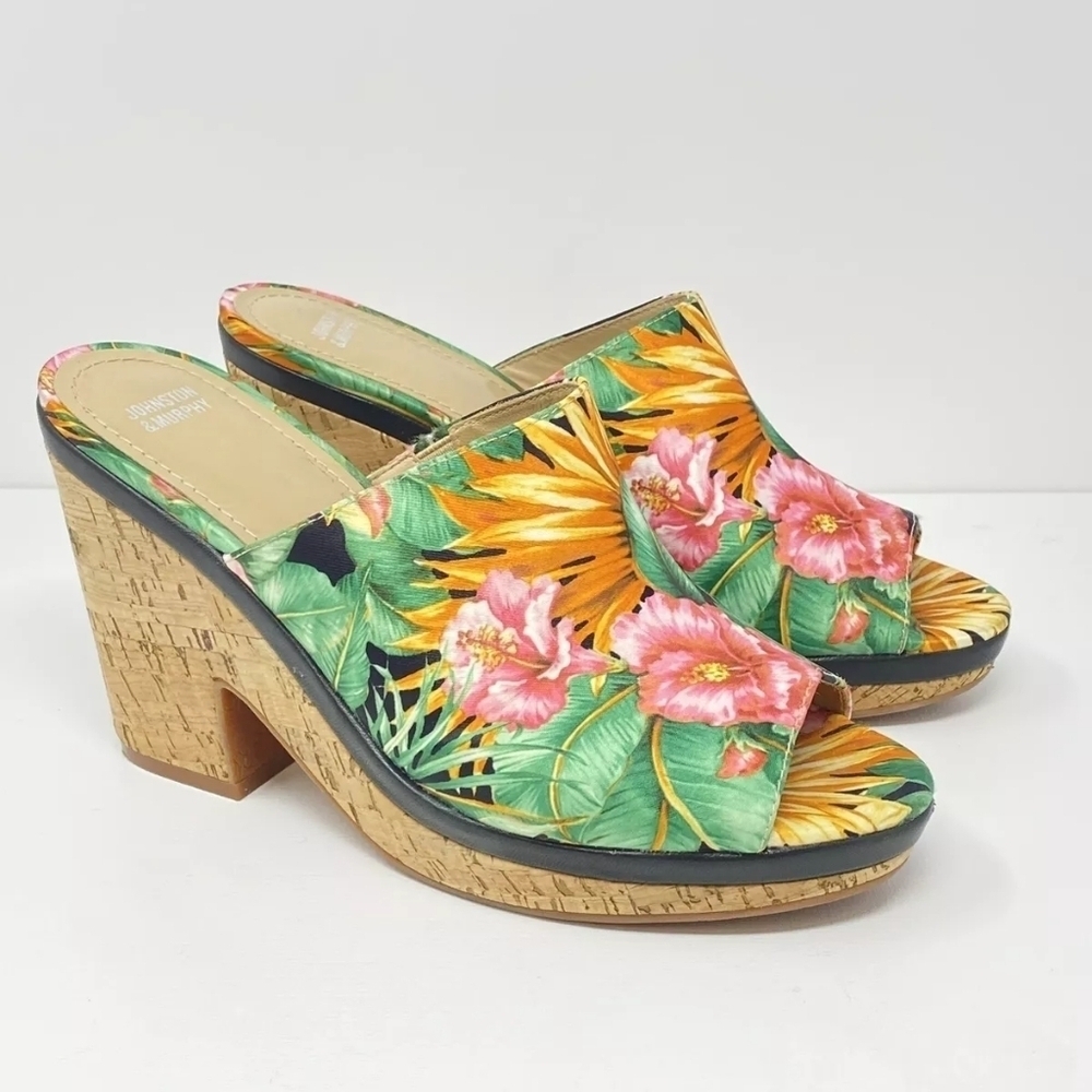 Johnston & Murphy sz 6.5 Hawaiian print tropical mule sandals platform cork